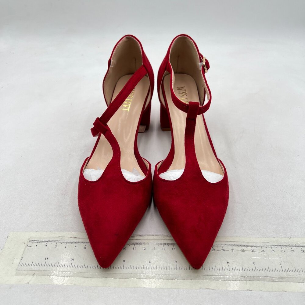 T-Strap Red Block Heel Pumps - Picture 3 of 8